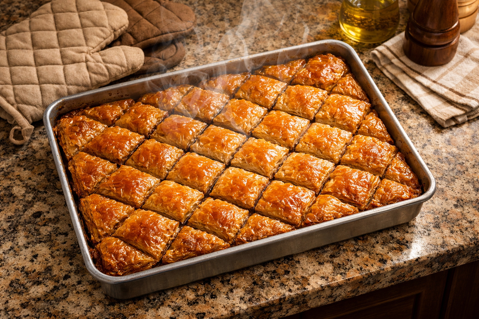 Fırından yeni cıkmıs baklavalı tepsi